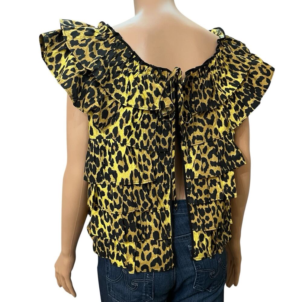 Ganni Leopard Print Blouse 38EU/Medium Tiered Ruffle Open Back Flutter Sleeve - Picture 3 of 10
